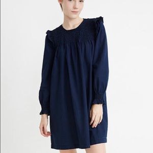 Madewell Indigo Blue Ruffle-Neck Smocked Babydoll